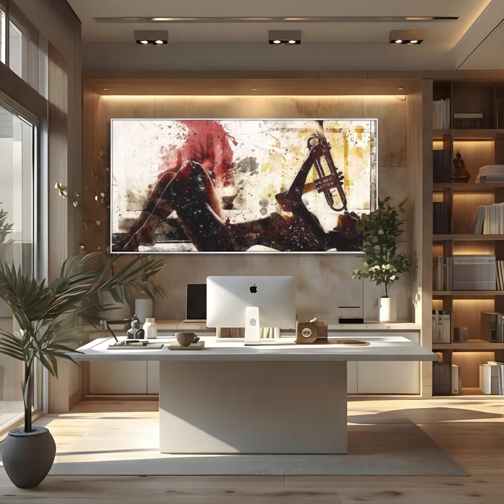 Tablou canvas cu tablou canvas cu silueta si trompeta, in rama de aluminiu argintiu, pe perete intr-un birou